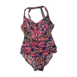 Vintage Floral One Piece Swimsuit Halter Neck Ruched Navy Pink Green Size 12